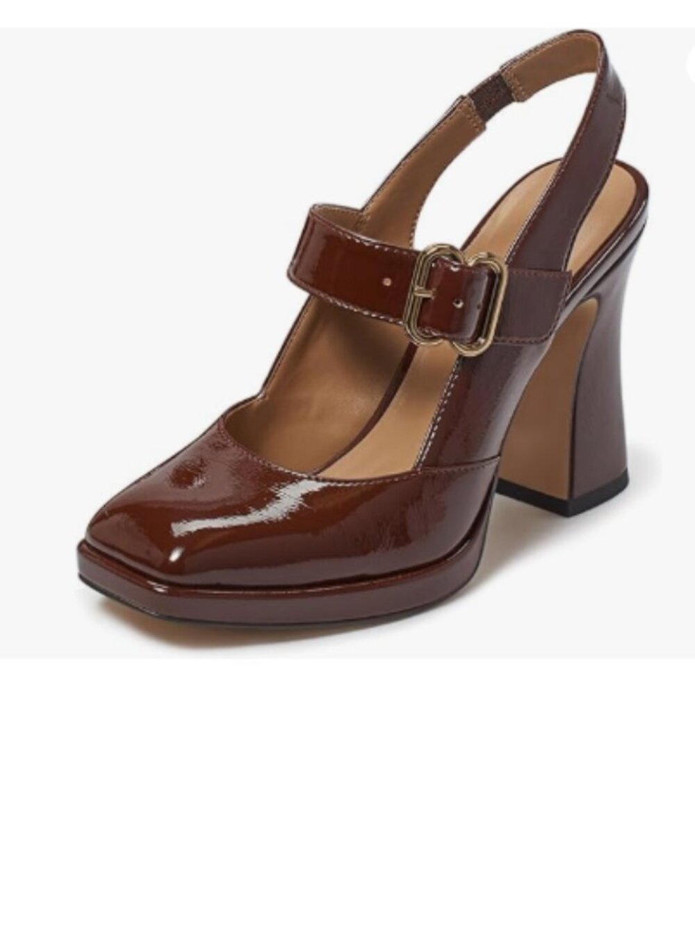 FYS Chocolate Platform Square Toe Block High Heel Mary Janes Slingback Pumps
